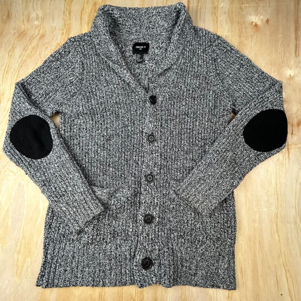 Forever 21 Men Cardigan Sweater Large Black White Marled Shawl Elbow Patches